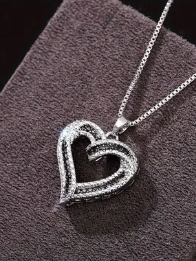 Silver Heart Pendant Necklace with Black and Clear Accents